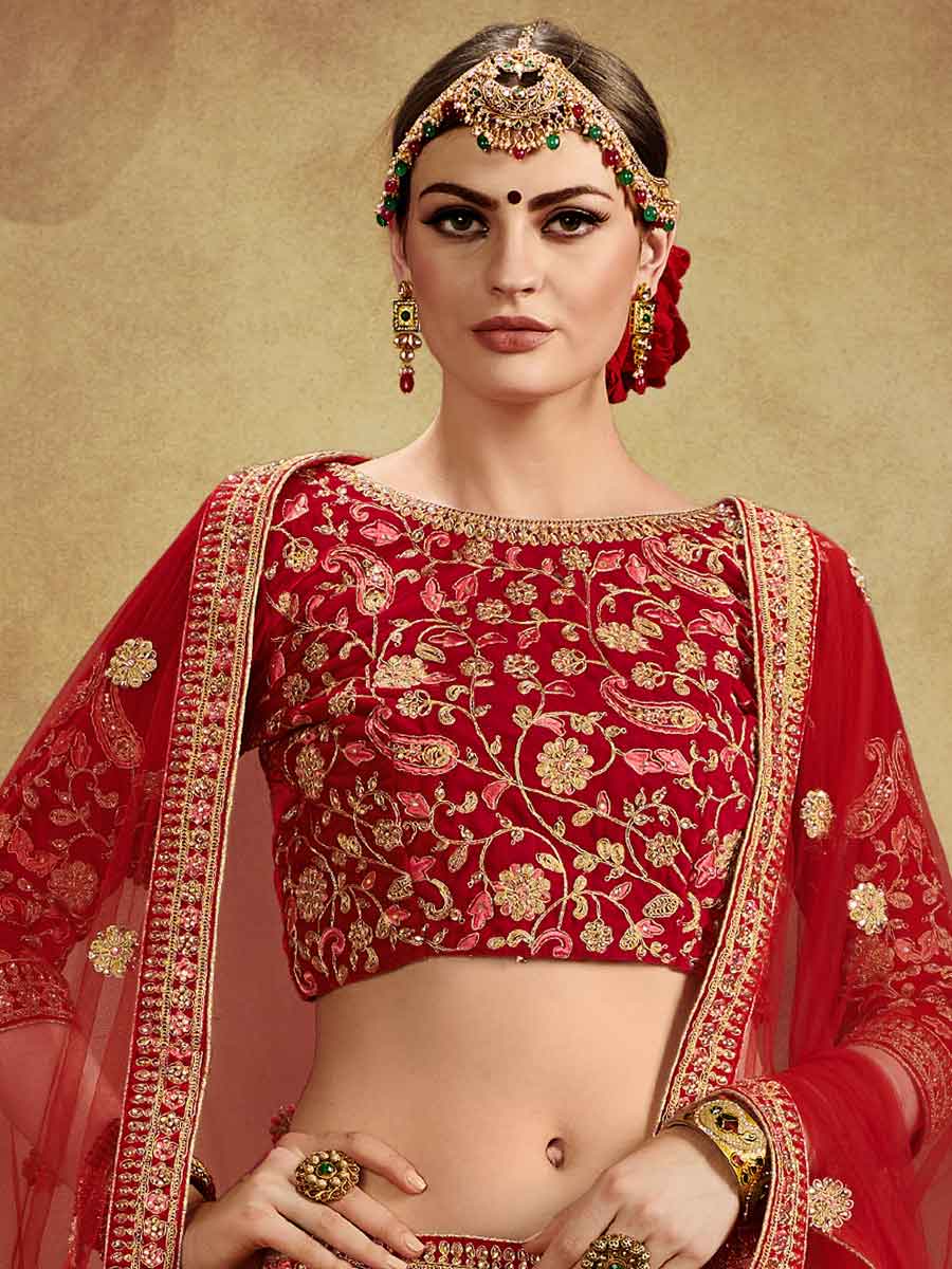 Venetian Red Velvet Embroidered Bridal Lehenga Choli