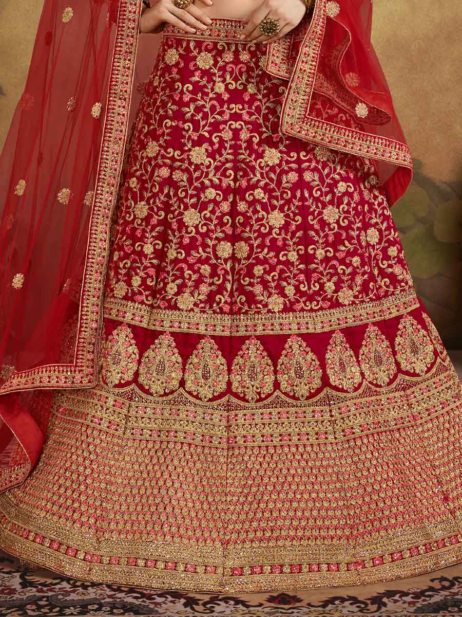 Venetian Red Velvet Embroidered Bridal Lehenga Choli