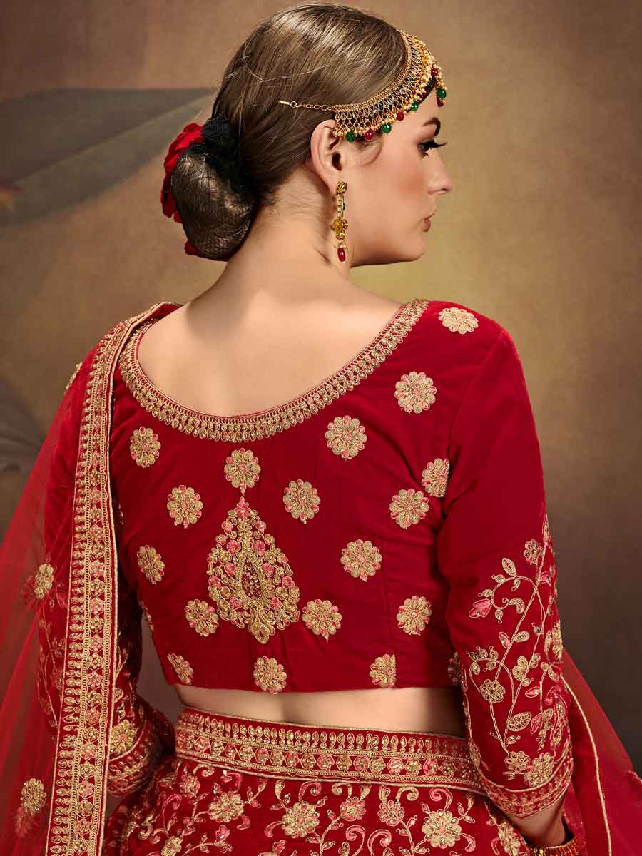 Venetian Red Velvet Embroidered Bridal Lehenga Choli