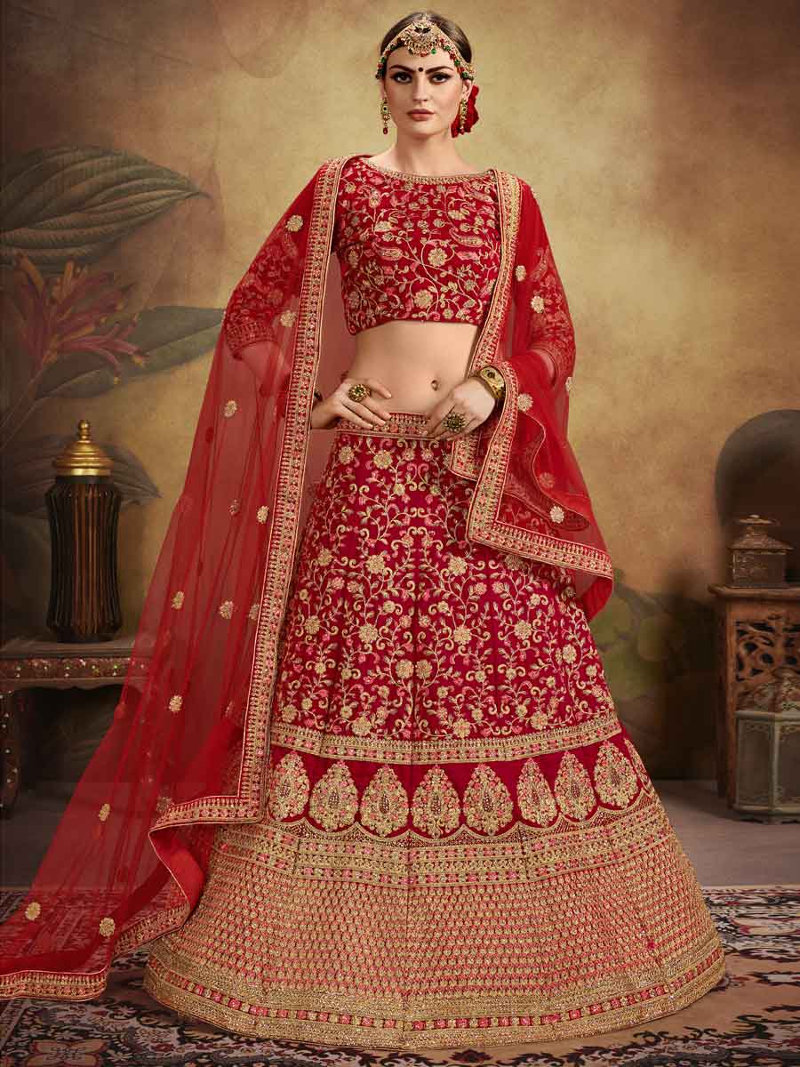Venetian Red Velvet Embroidered Bridal Lehenga Choli