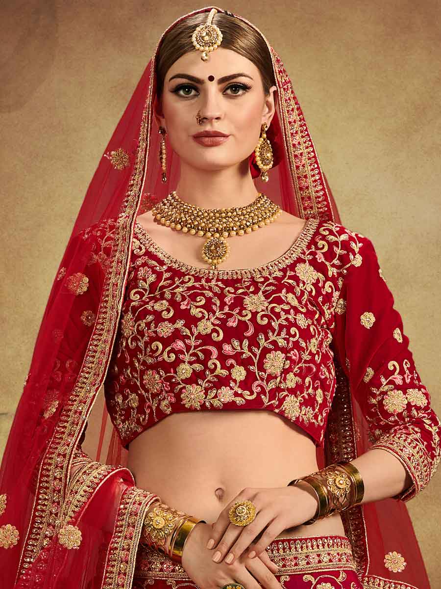 Venetian Red Velvet Embroidered Bridal Lehenga Choli