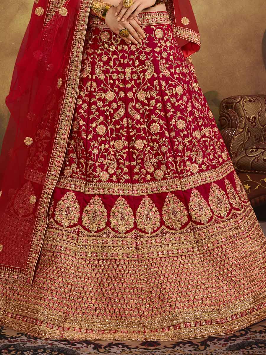 Venetian Red Velvet Embroidered Bridal Lehenga Choli
