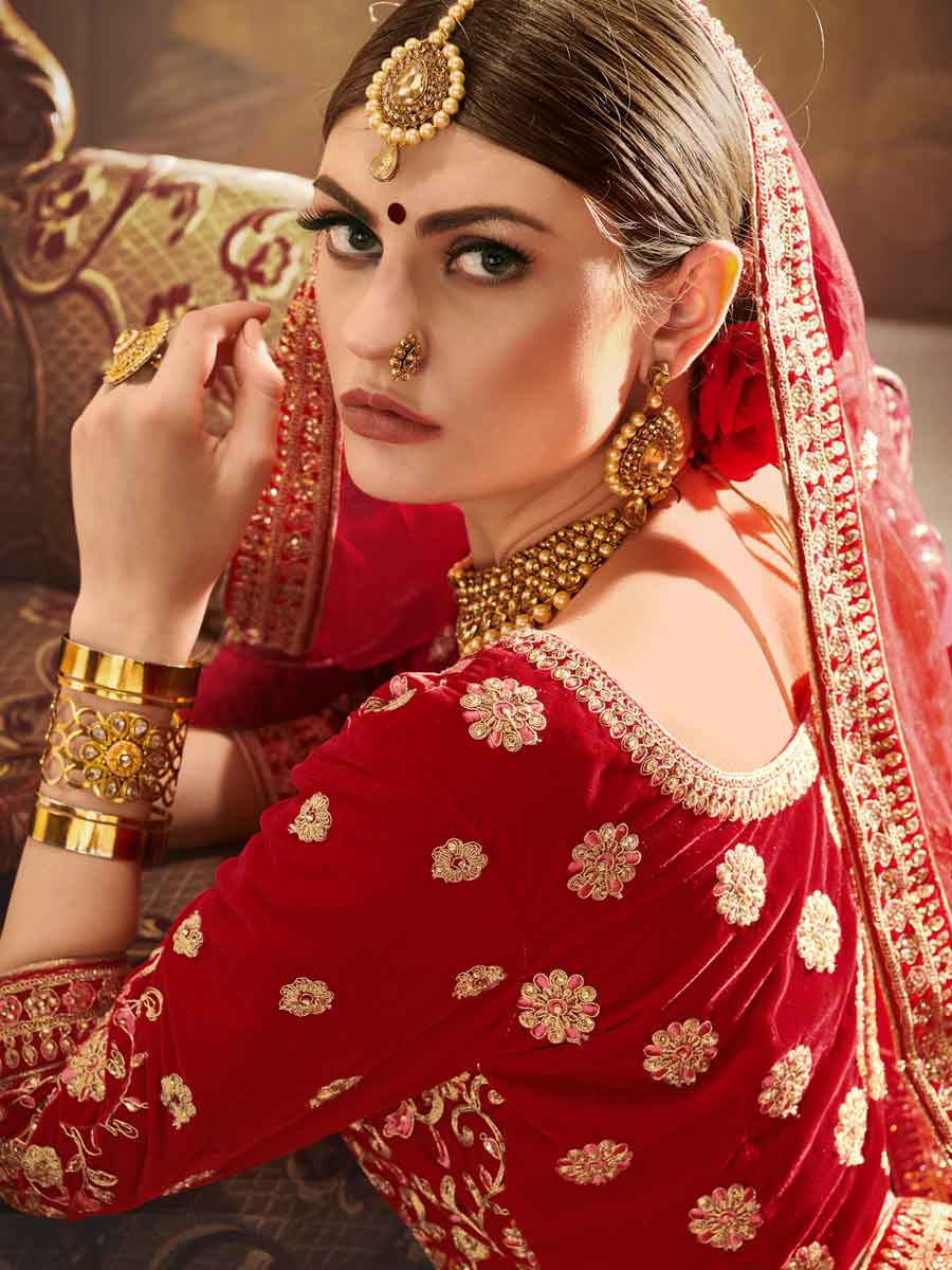 Venetian Red Velvet Embroidered Bridal Lehenga Choli