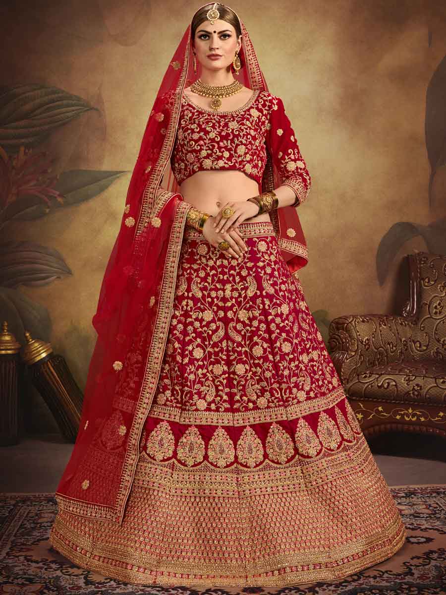 Venetian Red Velvet Embroidered Bridal Lehenga Choli