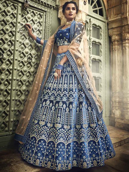 Yale Blue Velvet Embroidered Wedding Lehenga Choli