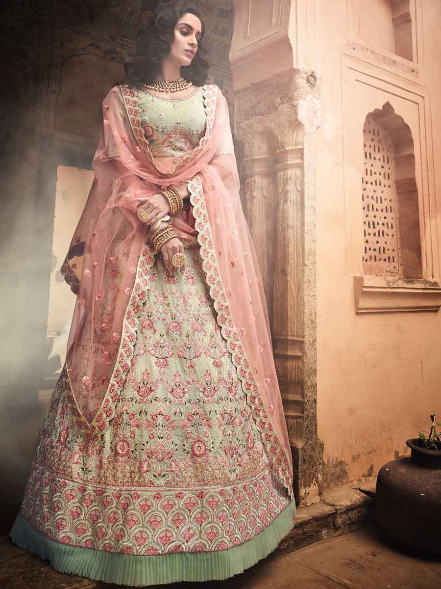 Moss Green Faux Georgette Embroidered Wedding Lehenga Choli