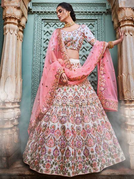 Off-White Faux Georgette Embroidered Wedding Lehenga Choli