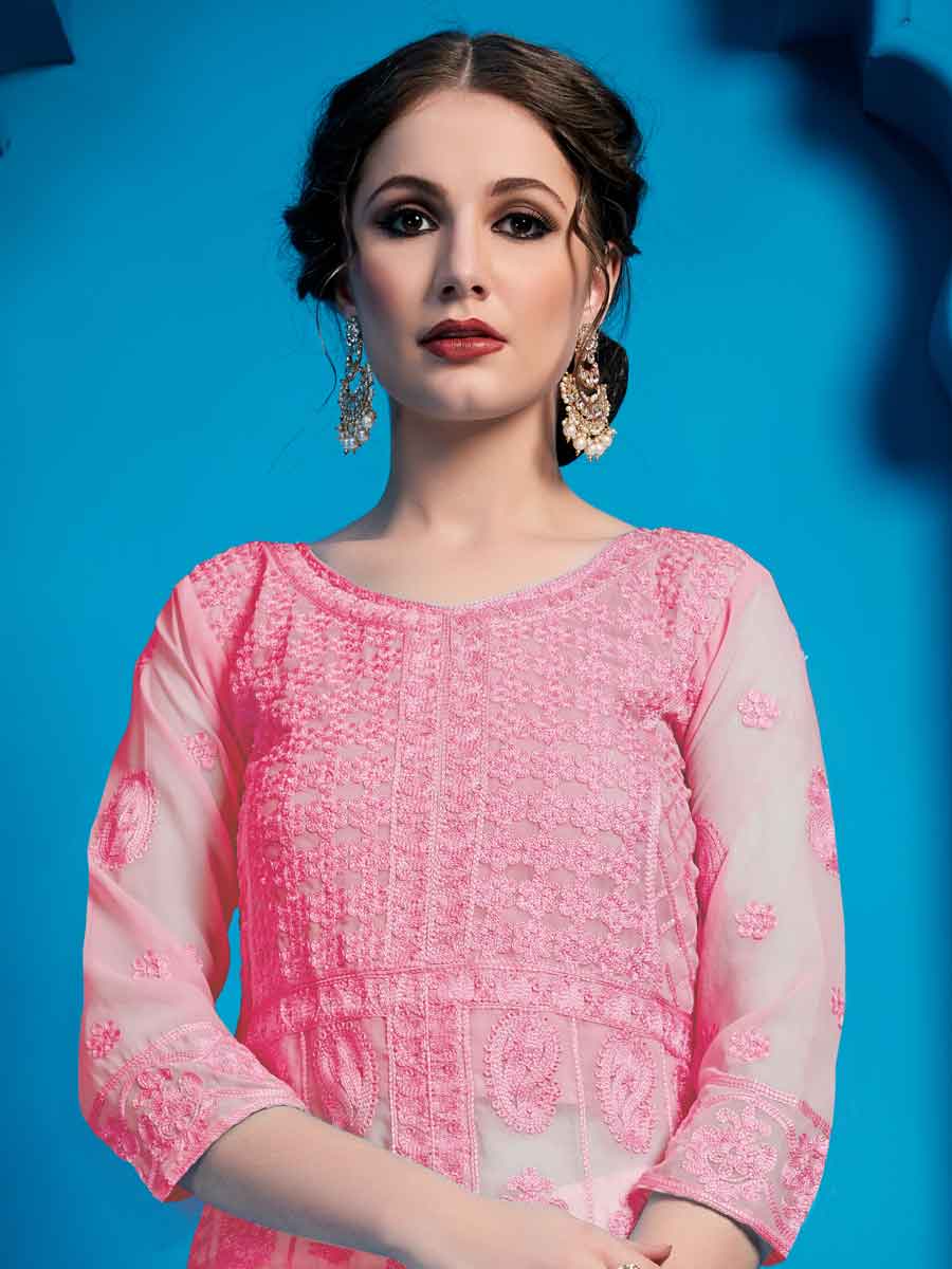 Brink Pink Faux Georgette Embroidered Party Palazzo Pant Kameez