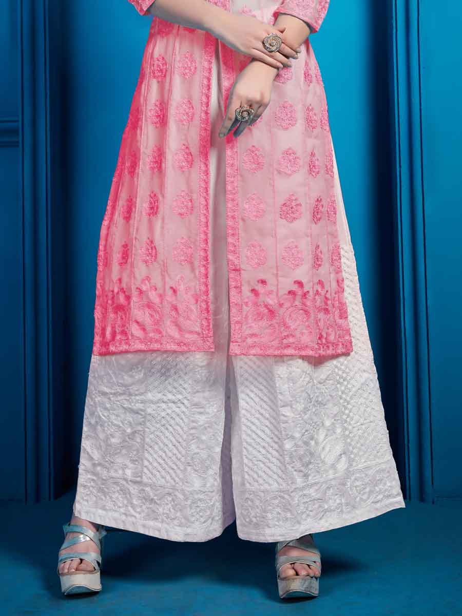 Brink Pink Faux Georgette Embroidered Party Palazzo Pant Kameez