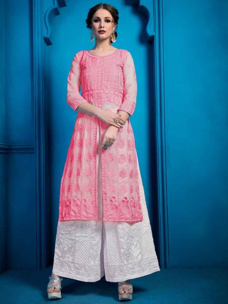 Brink Pink Faux Georgette Embroidered Party Palazzo Pant Kameez