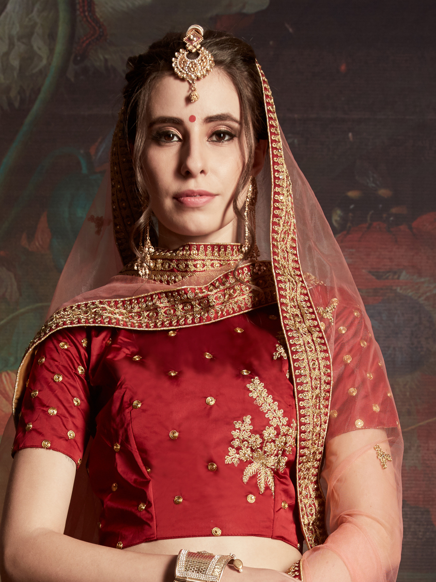 Rose Madder Red Satin Embroidered Party Lehenga Choli