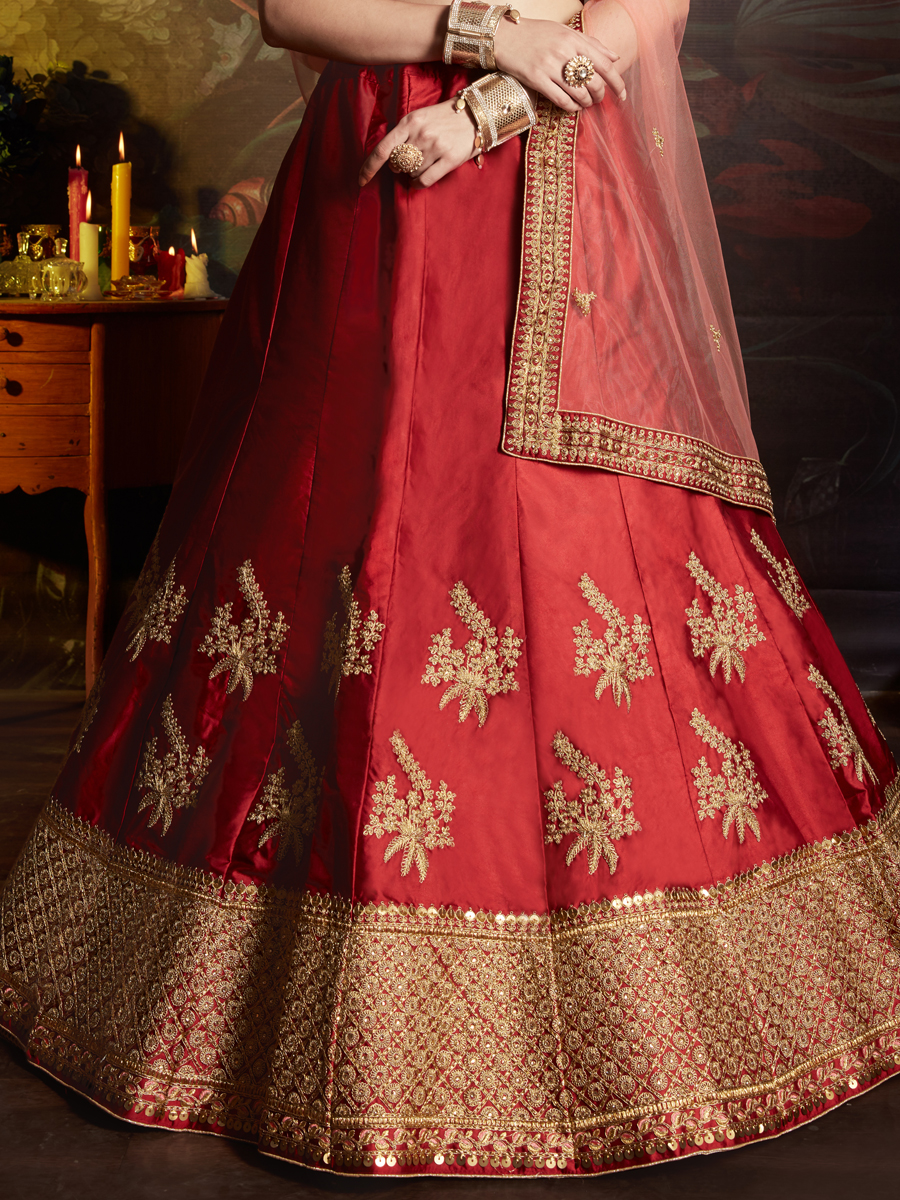 Rose Madder Red Satin Embroidered Party Lehenga Choli