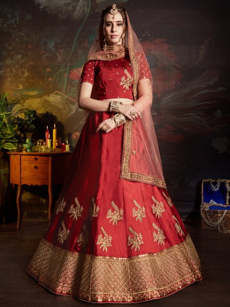 Rose Madder Red Satin Embroidered Party Lehenga Choli