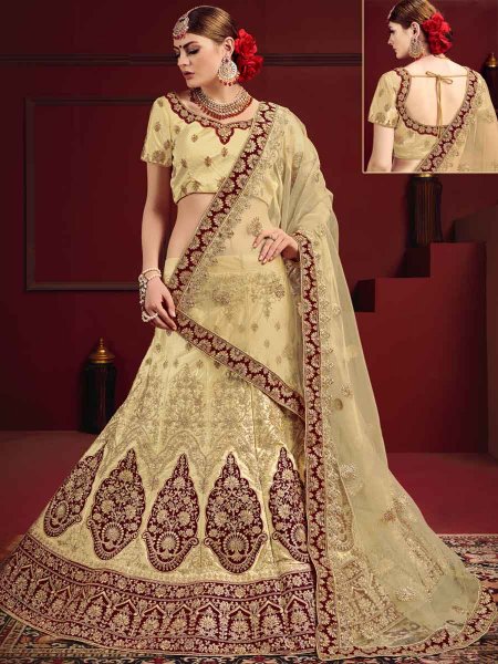Cream Yellow Satin Embroidered Party Lehenga