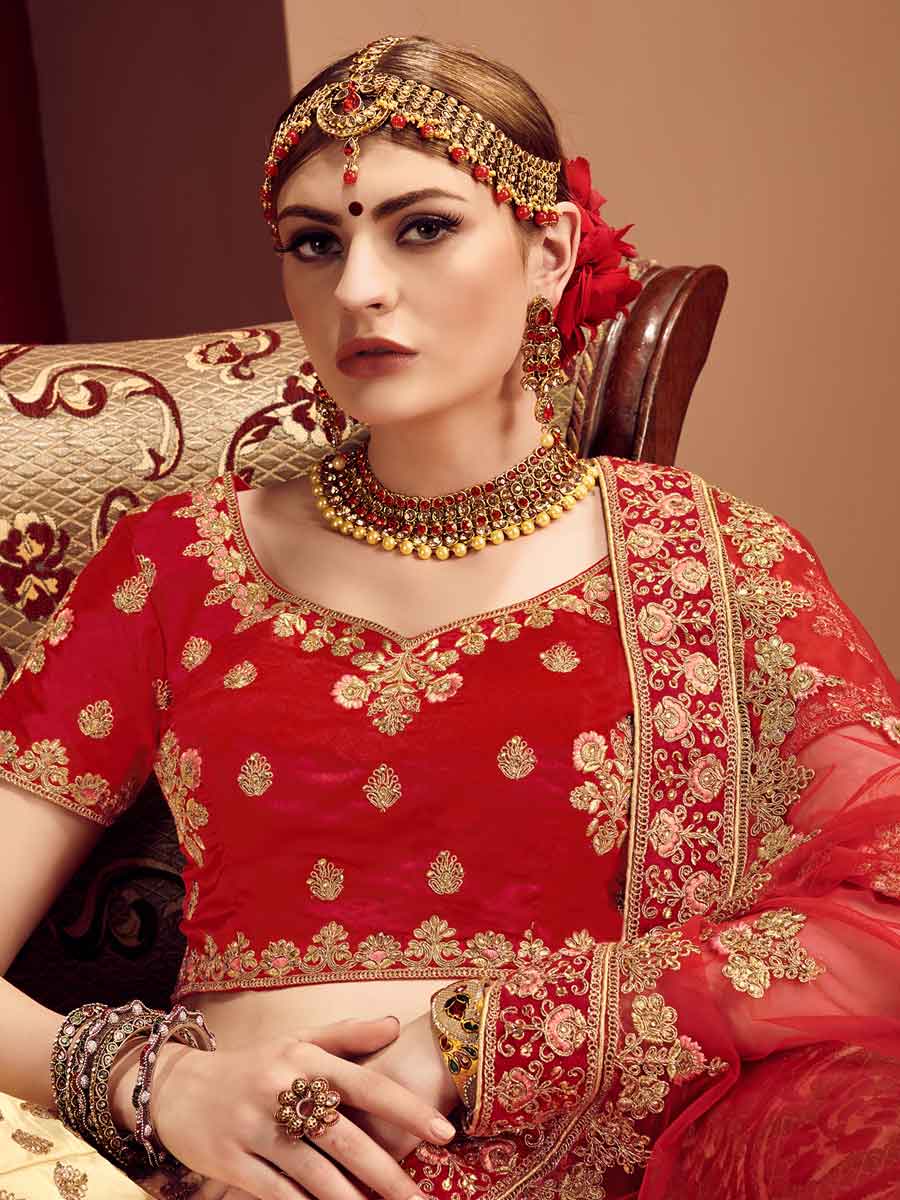 Cream Yellow Satin Embroidered Party Lehenga