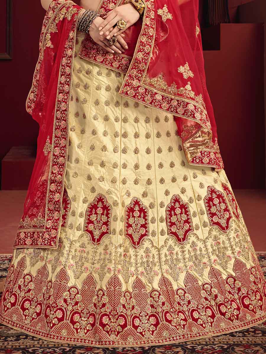 Cream Yellow Satin Embroidered Party Lehenga