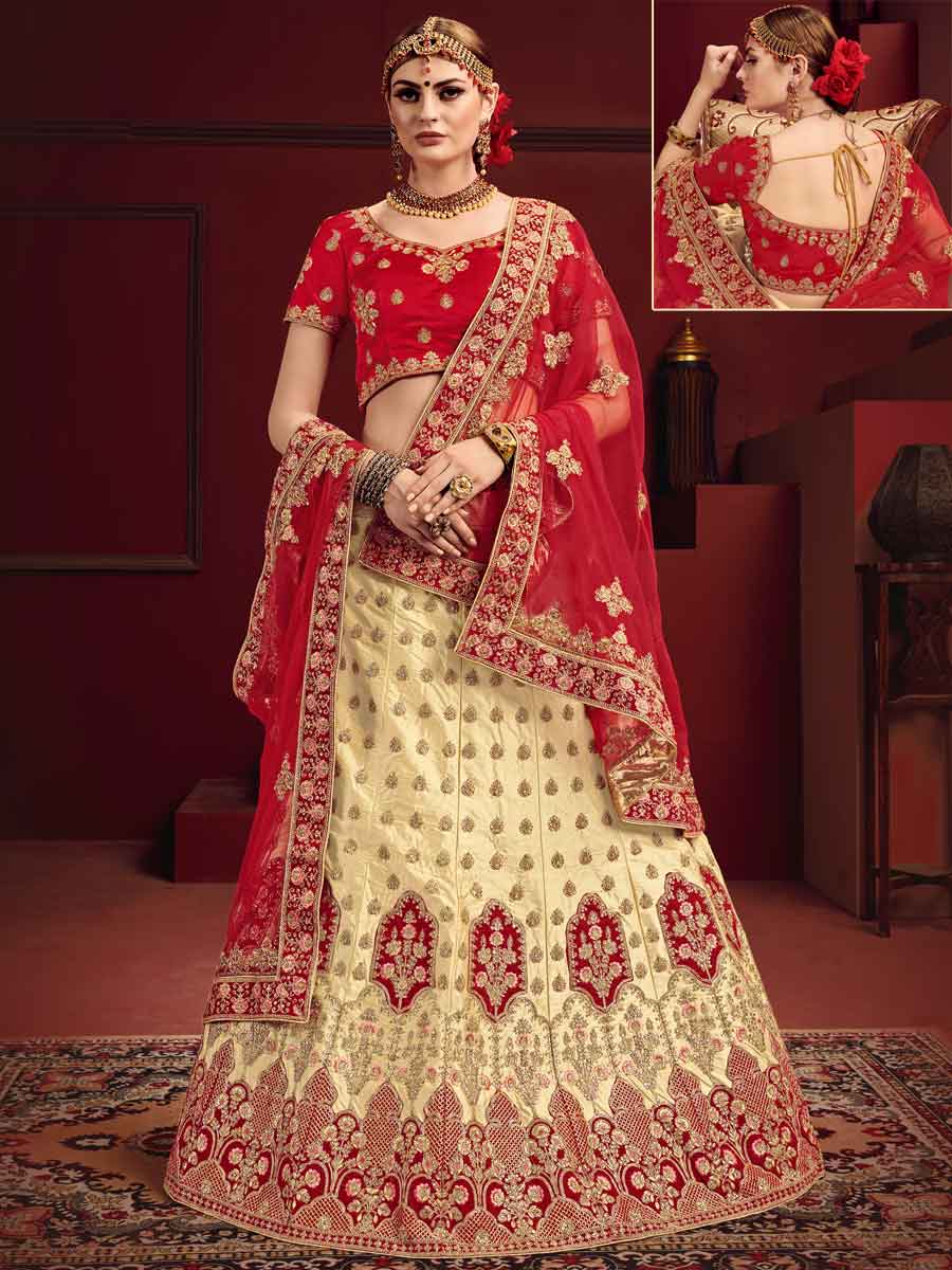 Cream Yellow Satin Embroidered Party Lehenga