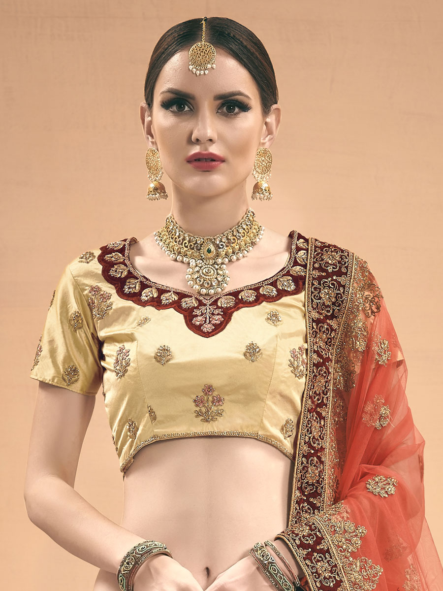 Beige Yellow Satin Embroidered Wedding Lehenga Choli