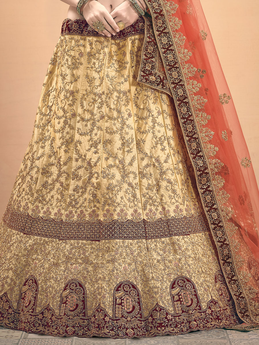 Beige Yellow Satin Embroidered Wedding Lehenga Choli