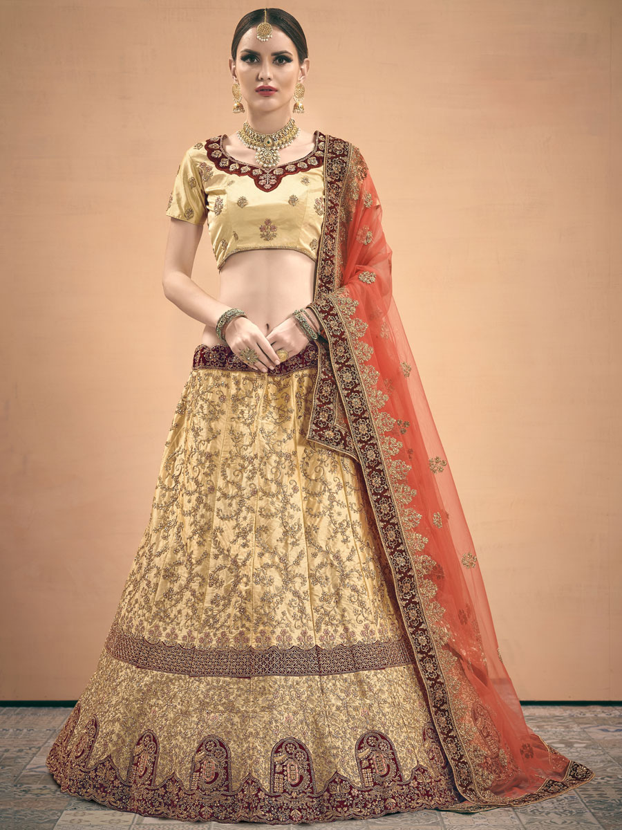 Beige Yellow Satin Embroidered Wedding Lehenga Choli