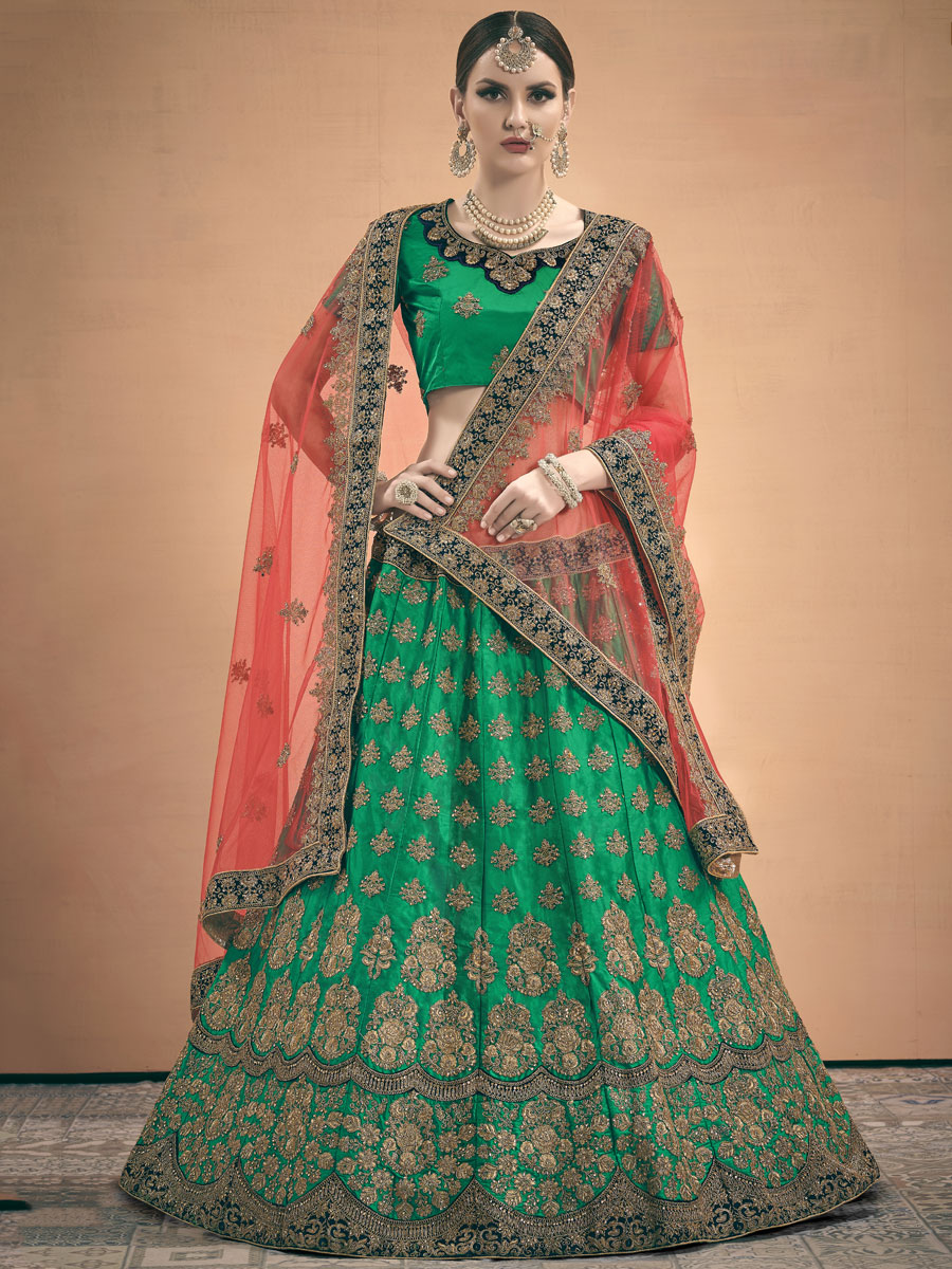Dark Green Satin Embroidered Wedding Lehenga Chol