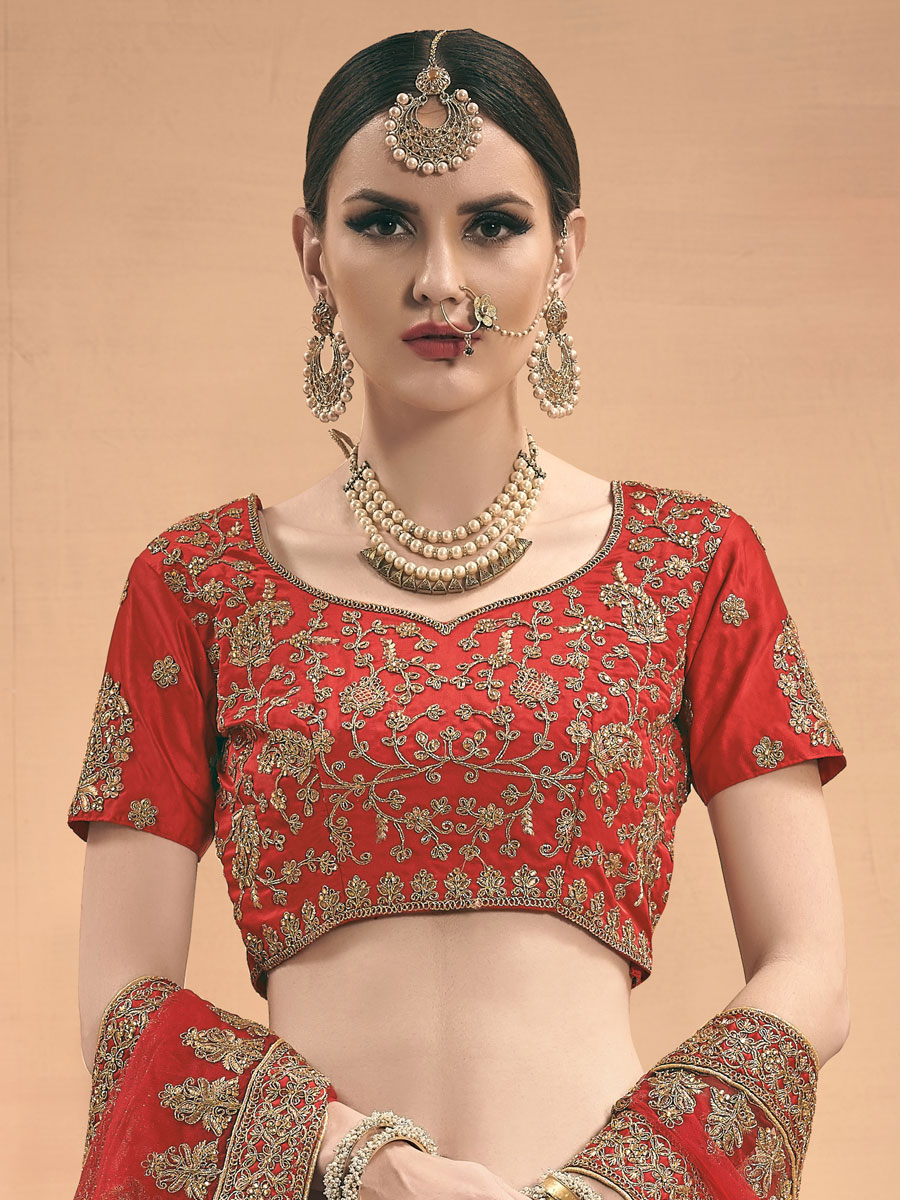 Vermilion Red Satin Embroidered Wedding Lehenga Choli