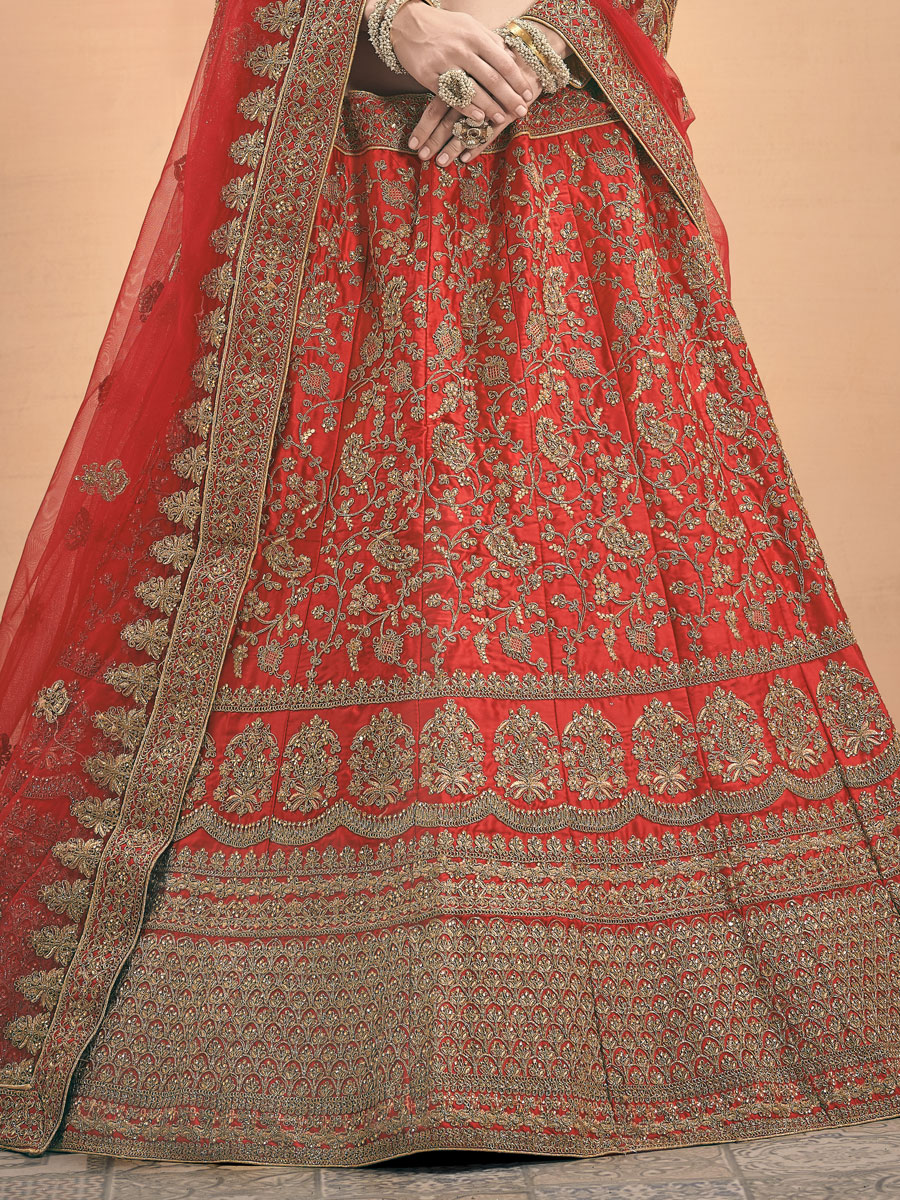 Vermilion Red Satin Embroidered Wedding Lehenga Choli