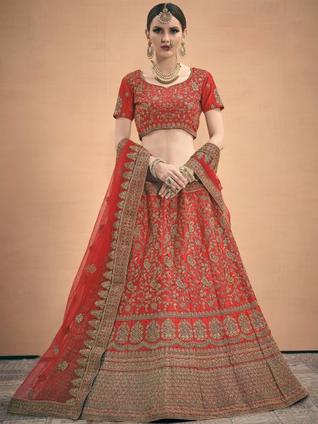 Vermilion Red Satin Embroidered Wedding Lehenga Choli