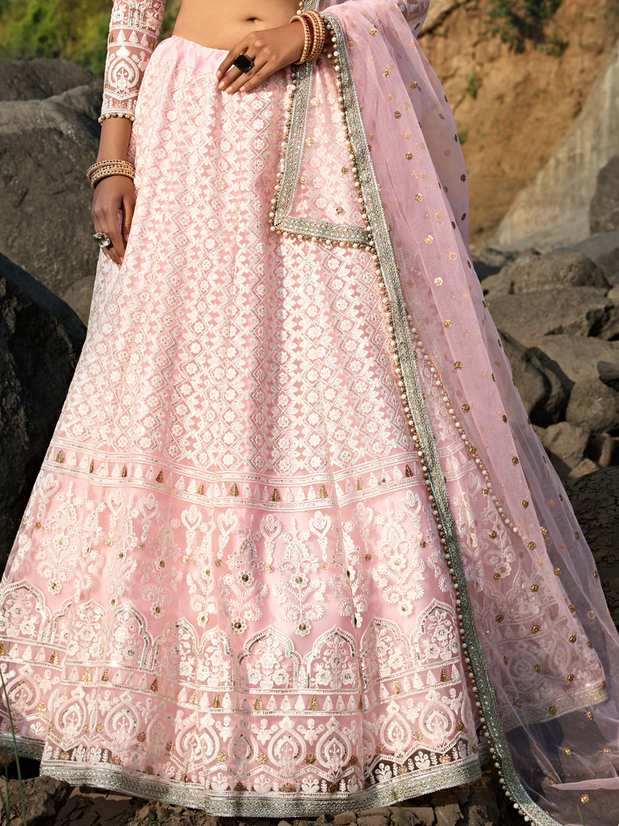 Tea Rose Pink Net Embroidered Festival Lehenga Choli