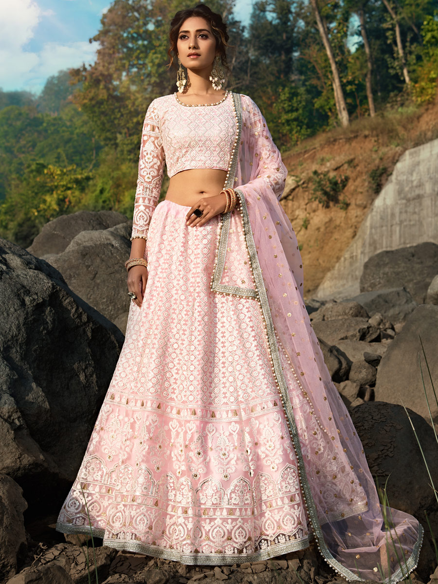 Tea Rose Pink Net Embroidered Festival Lehenga Choli