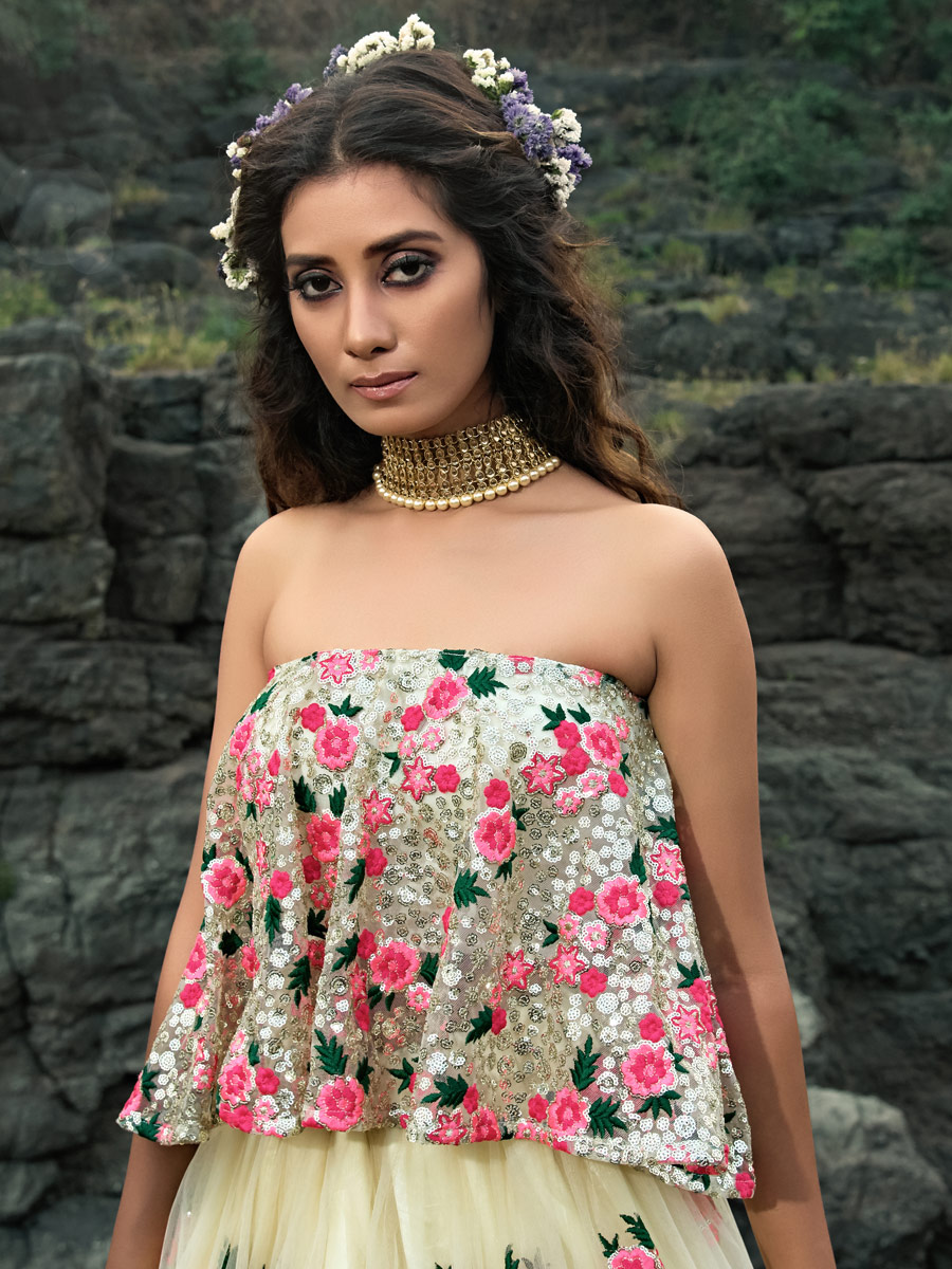 Off-White Net Embroidered Festival Lehenga Choli