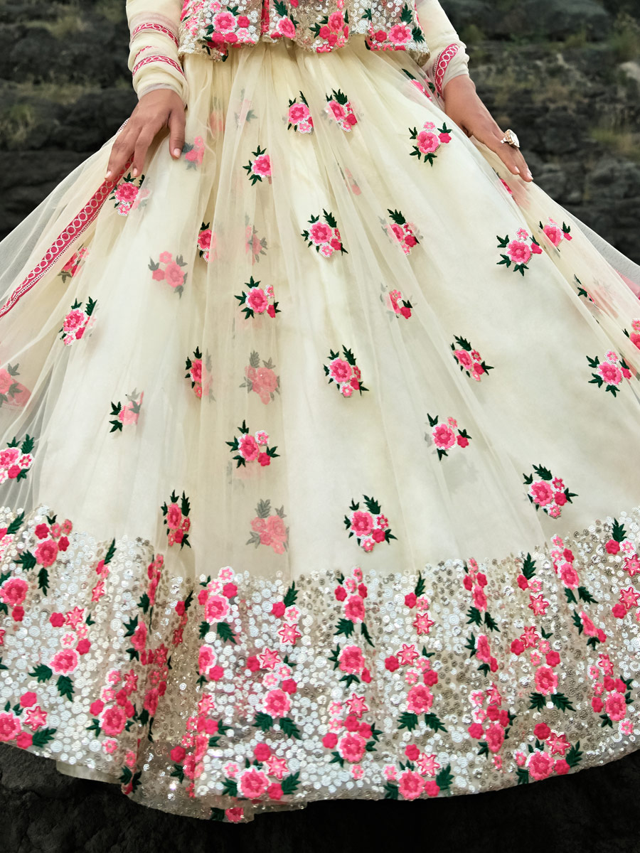 Off-White Net Embroidered Festival Lehenga Choli
