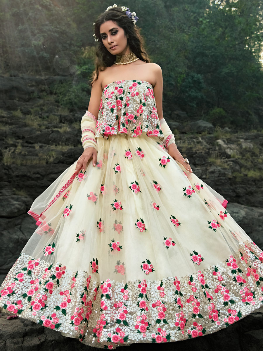 Off-White Net Embroidered Festival Lehenga Choli