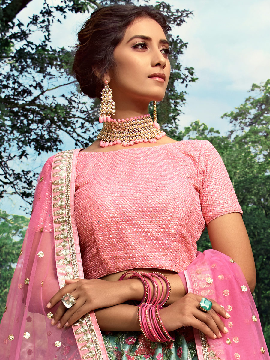 Celadon Green Net Embroidered Festival Lehenga Choli