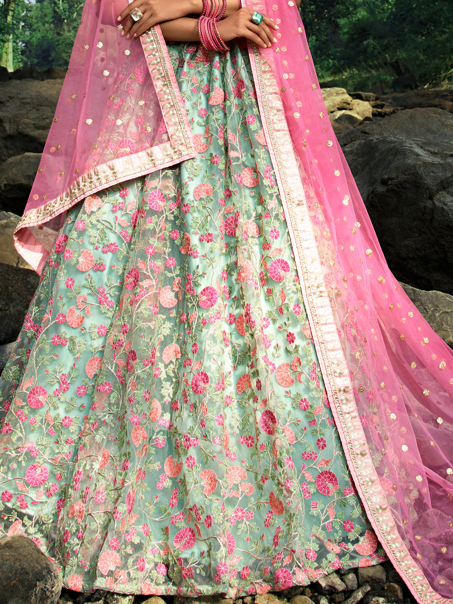 Celadon Green Net Embroidered Festival Lehenga Choli