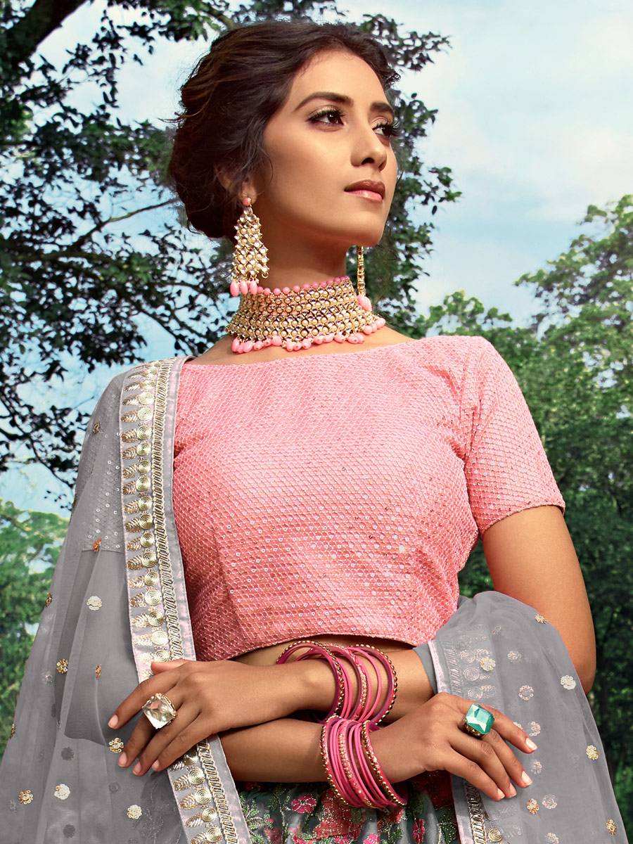Gray Net Embroidered Festival Lehenga Choli