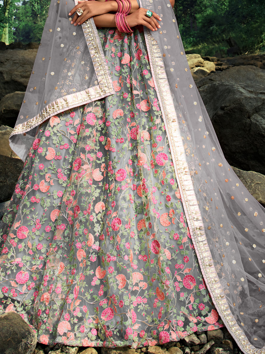 Gray Net Embroidered Festival Lehenga Choli
