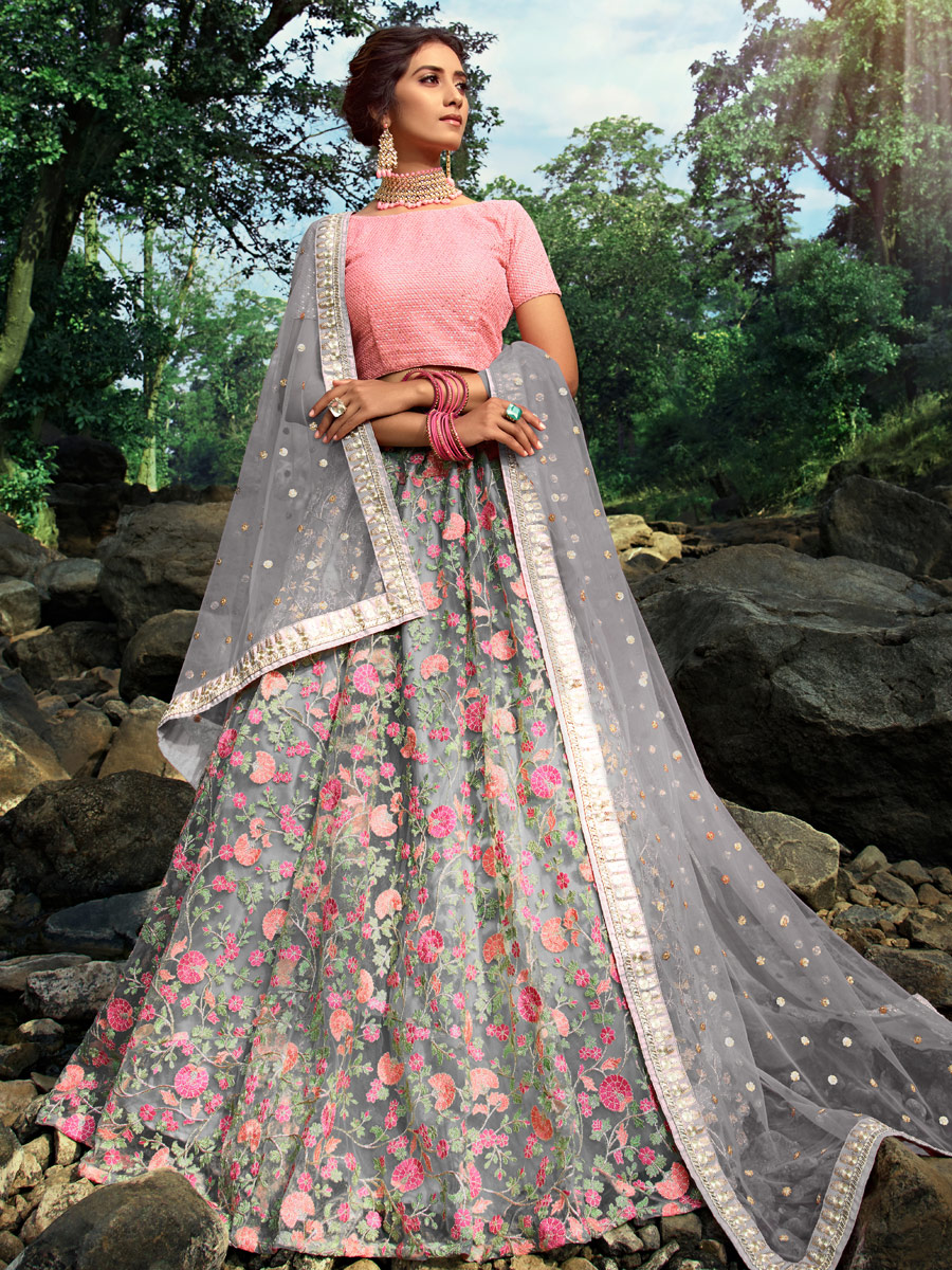 Gray Net Embroidered Festival Lehenga Choli