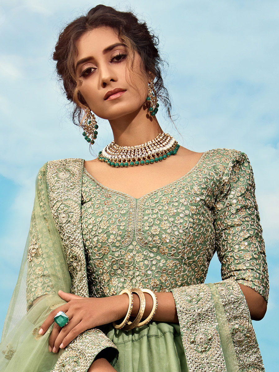 Moss Green Net Embroidered Festival Lehenga Choli