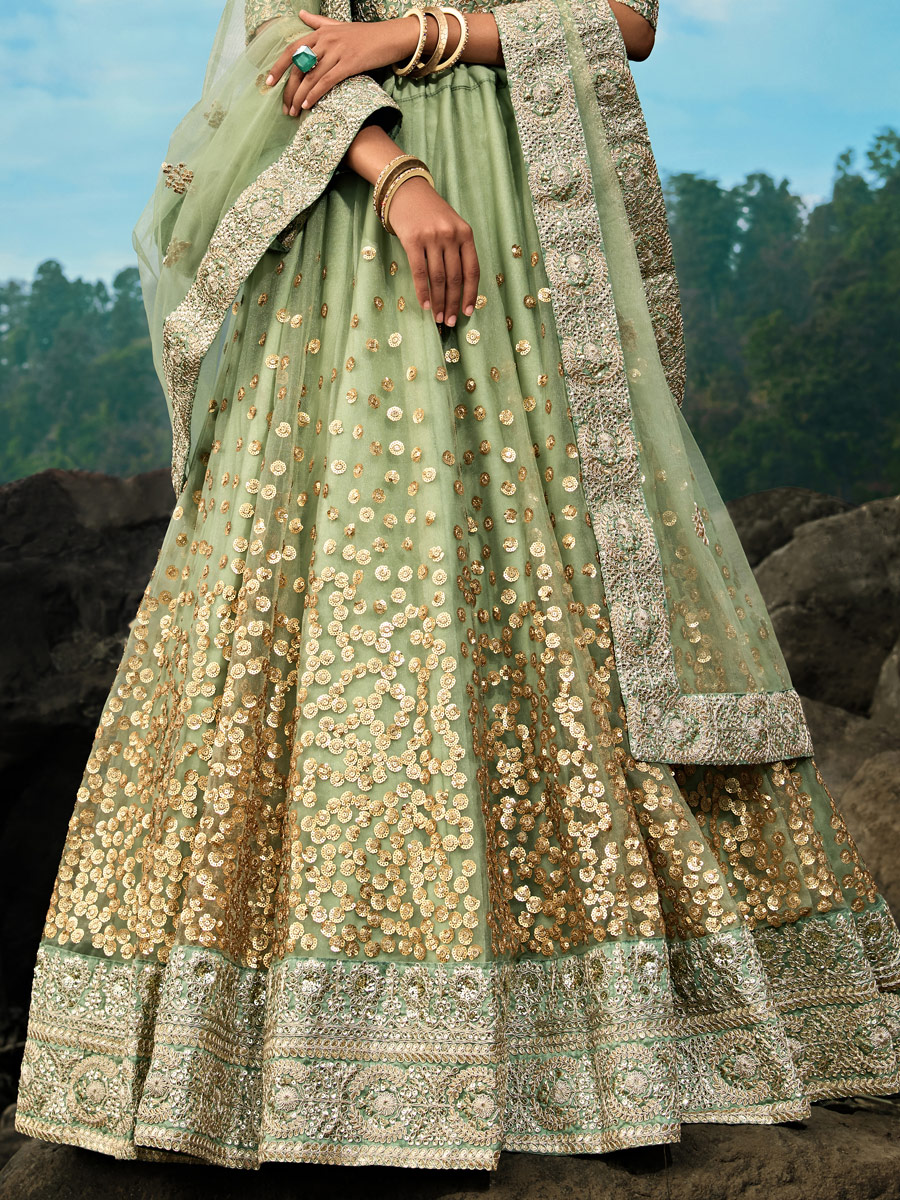 Moss Green Net Embroidered Festival Lehenga Choli