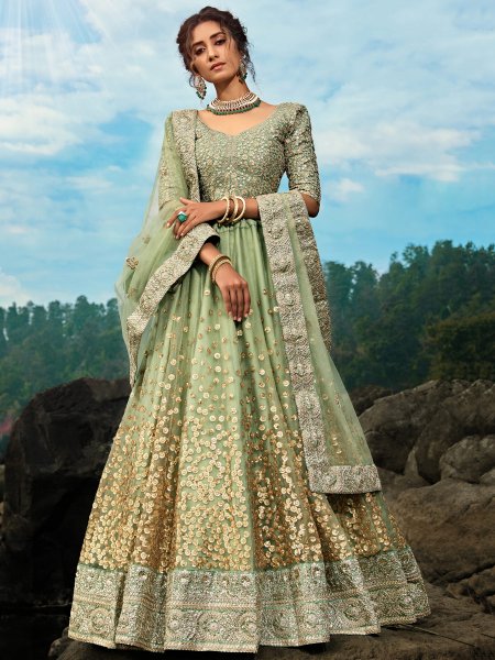 Moss Green Net Embroidered Festival Lehenga Choli