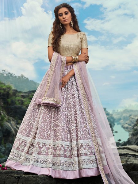 Lilac Violet Net Embroidered Festival Lehenga Choli