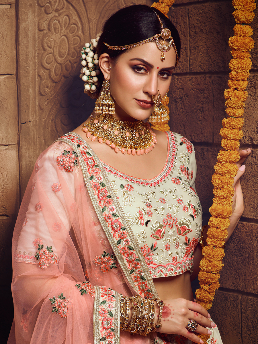 Off-White Faux Georgette Embroidered Bridal Lehenga Choli