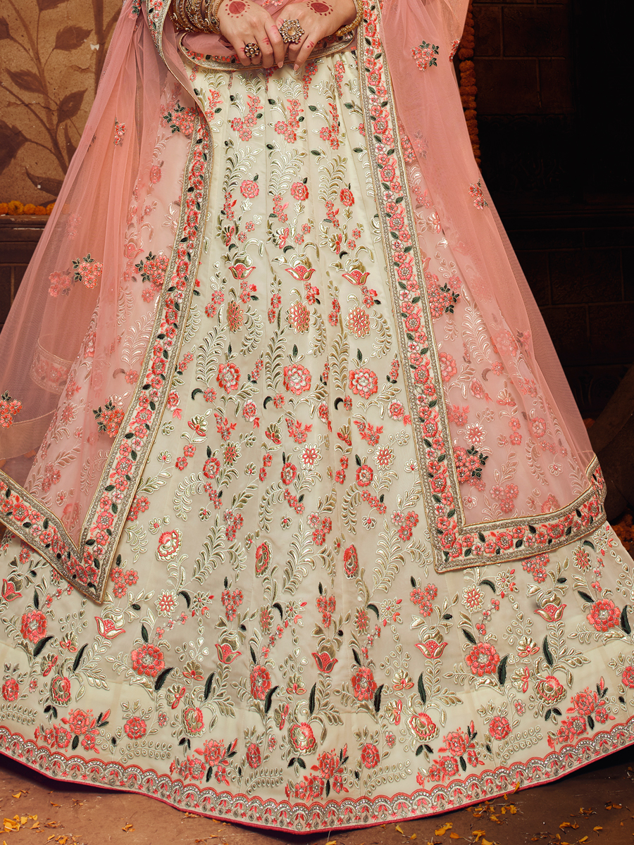 Off-White Faux Georgette Embroidered Bridal Lehenga Choli