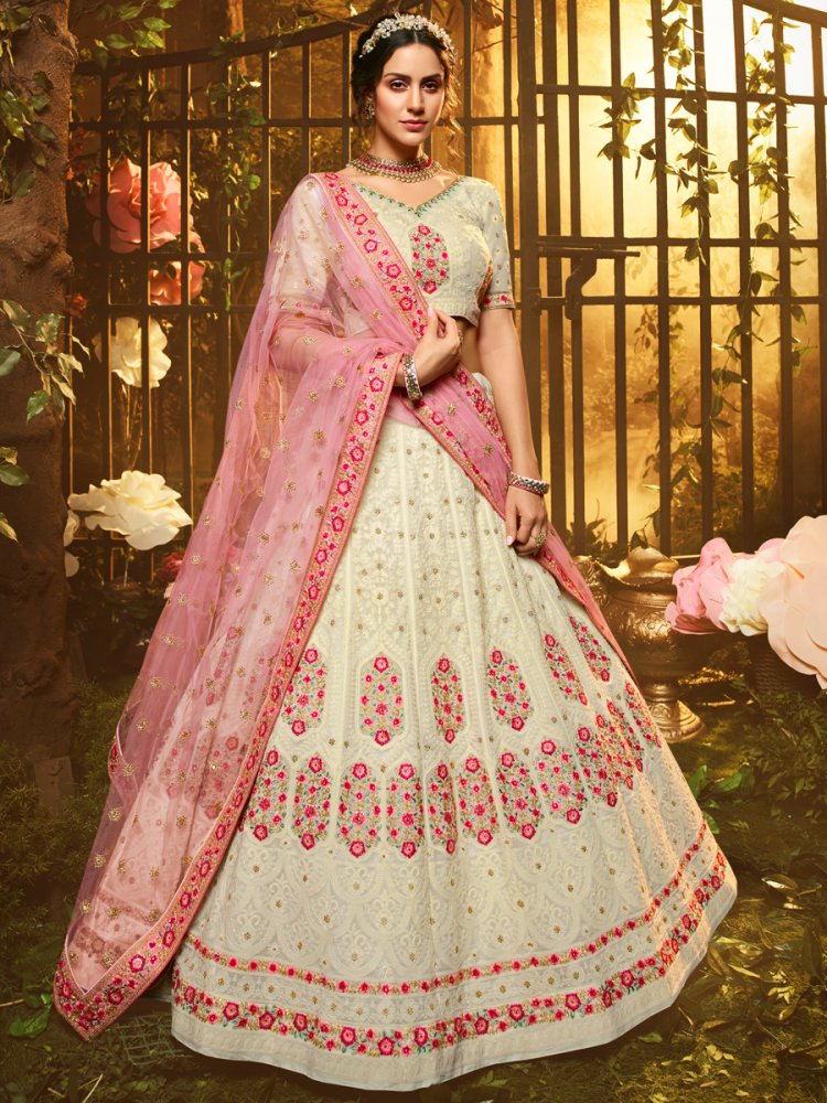 Cream Yellow Faux Georgette Embroidered Bridal Lehenga Choli