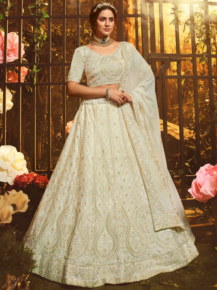Cream Yellow Faux Georgette Embroidered Bridal Lehenga Choli