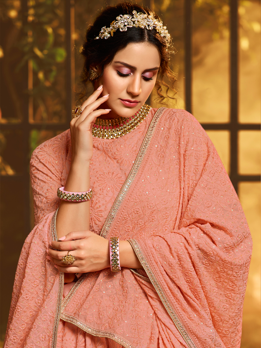 Coral Pink Faux Georgette Embroidered Bridal Lehenga Choli