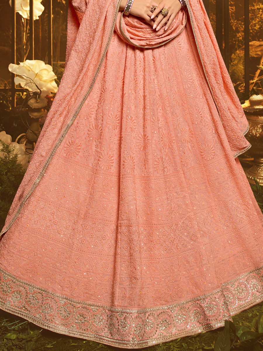 Coral Pink Faux Georgette Embroidered Bridal Lehenga Choli