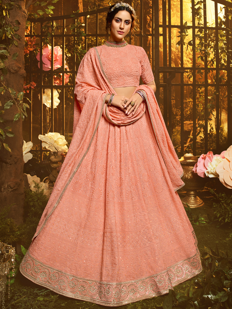 Coral Pink Faux Georgette Embroidered Bridal Lehenga Choli