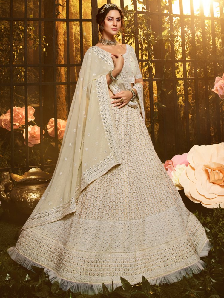 Cream Yellow Faux Georgette Embroidered Bridal Lehenga Choli